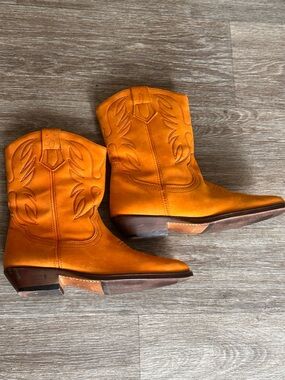 Women's Orange Embroidered Western Ankle Boots